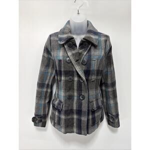 American Eagle Coat Women's small Gray Blue Plaid Wool Blend Pea Jacket